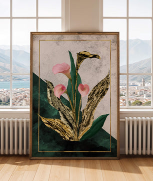 Abstrakte botanische Kunst mit rosa Calla-Lilien und goldenen Blättern