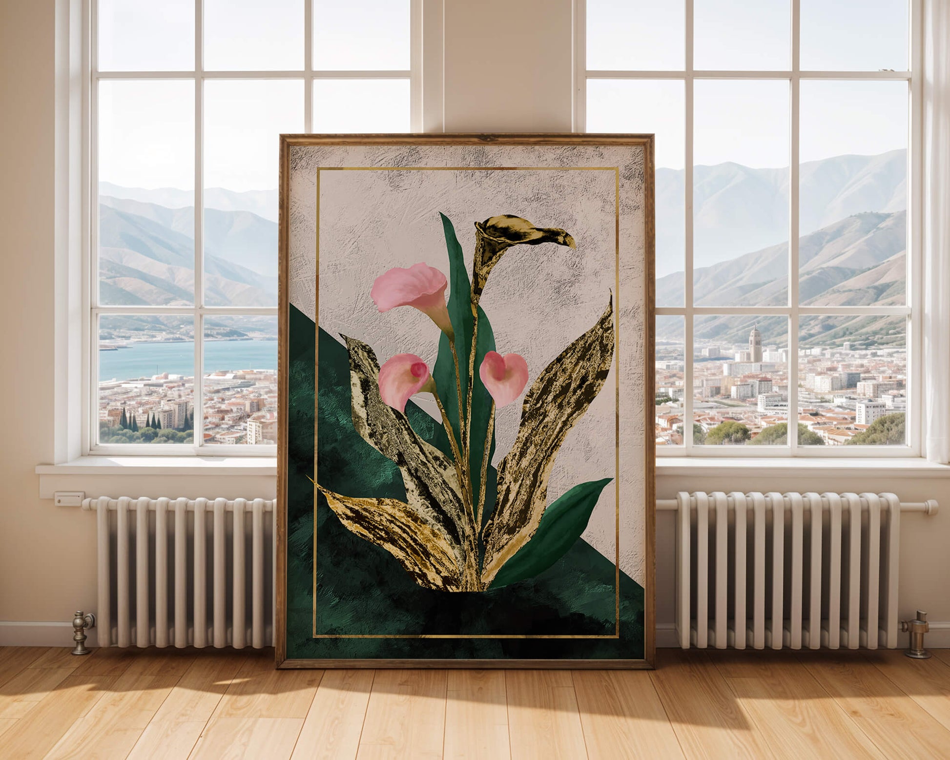 Abstrakte botanische Kunst mit rosa Calla-Lilien und goldenen Blättern