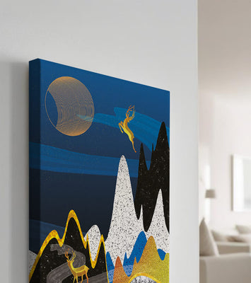 Abstract Landscape with Golden Deer and Surreal Moon