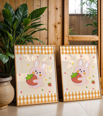 Adorable bunny holding strawberry illustration with gingham pattern