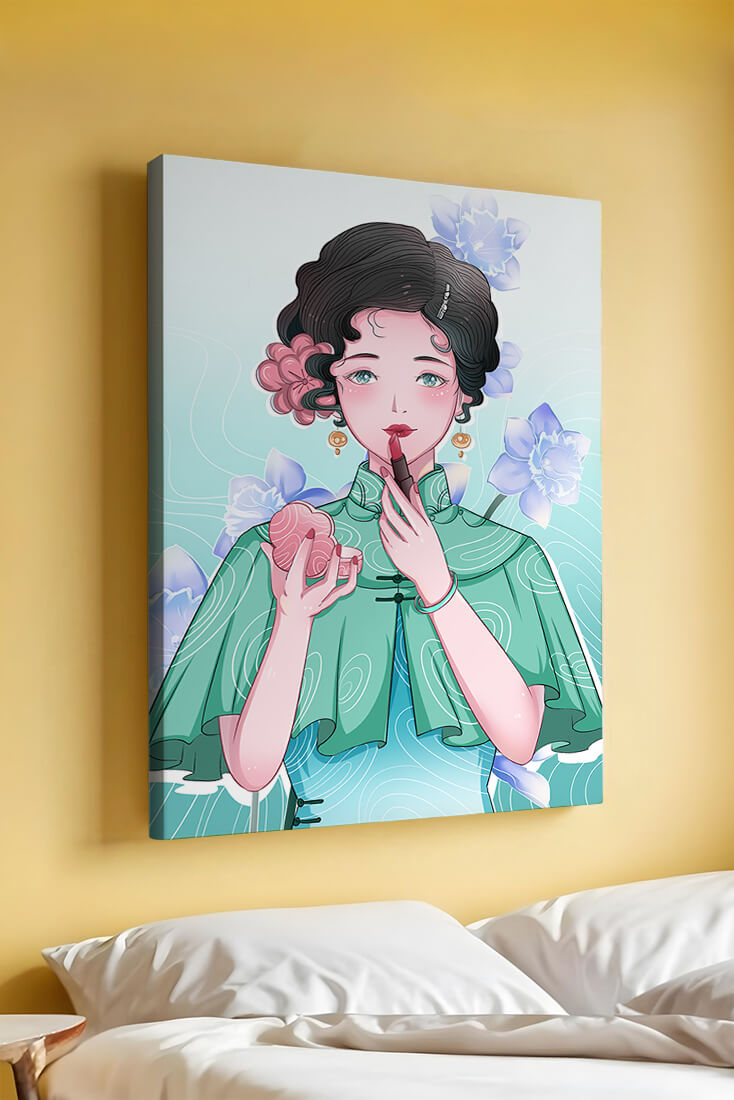 Woman applying lipstick with elegant floral background