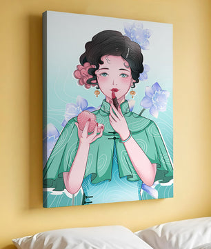 Woman applying lipstick with elegant floral background