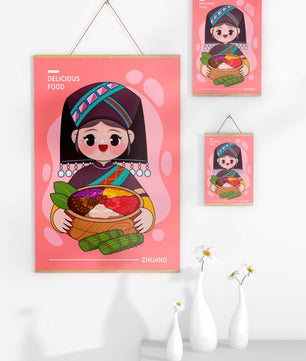 Personnage de dessin animé charmant en tenue traditionnelle tenant un panier de nourriture coloré