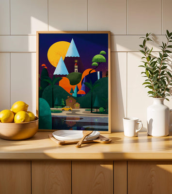 Colorful Modern Landscape with Geometric Elements and A House by The Lake Under The Night Sky