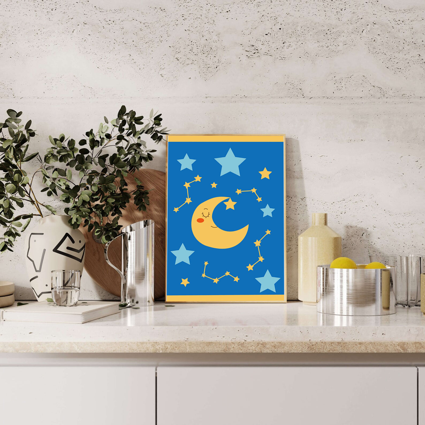 Whimsical children's room decor with smiling moon and stars