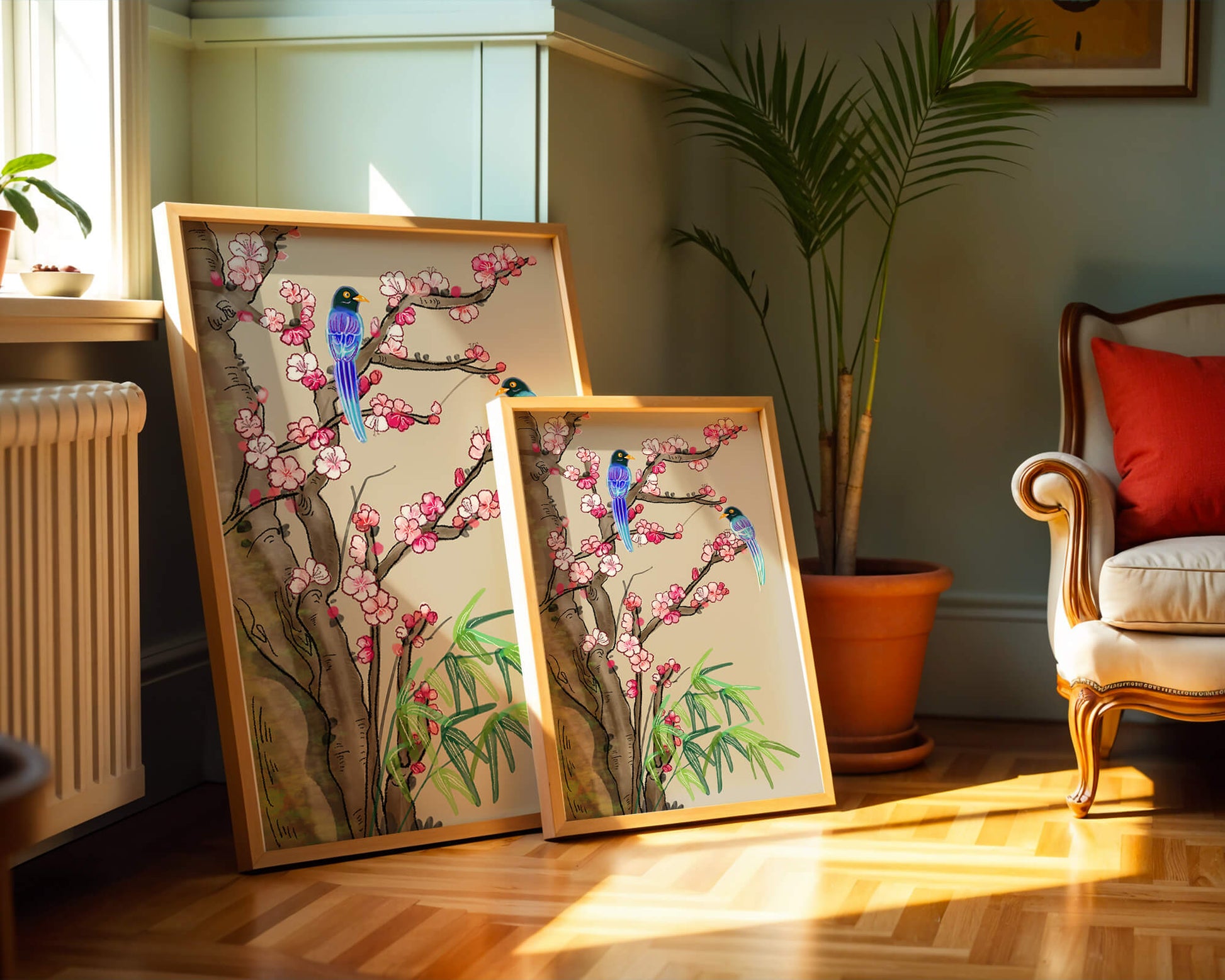 Illustration sereine d’oiseaux sur des branches en fleurs avec des feuilles de bambou
