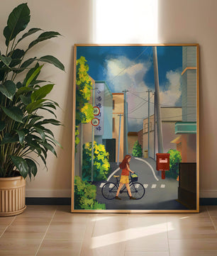 Young woman with bicycle in a quiet urban street