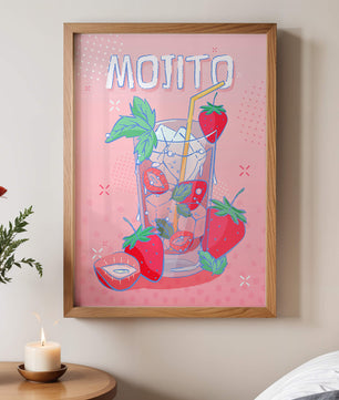 Ilustración de un mojito de fresa con fondo rosa vibrante y diseño juguetón