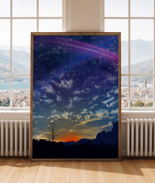 Starlit night sky with colorful sunset and silhouetted landscape