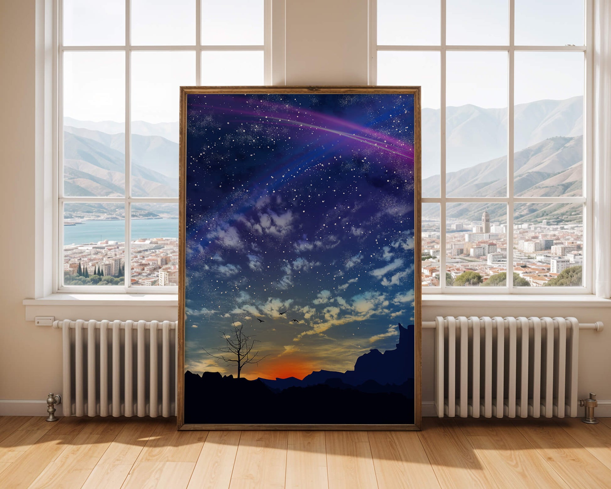 Starlit night sky with colorful sunset and silhouetted landscape