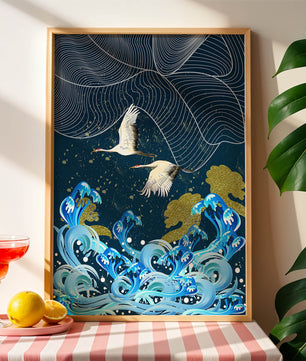 Grullas elegantes volando sobre olas doradas y un océano artístico