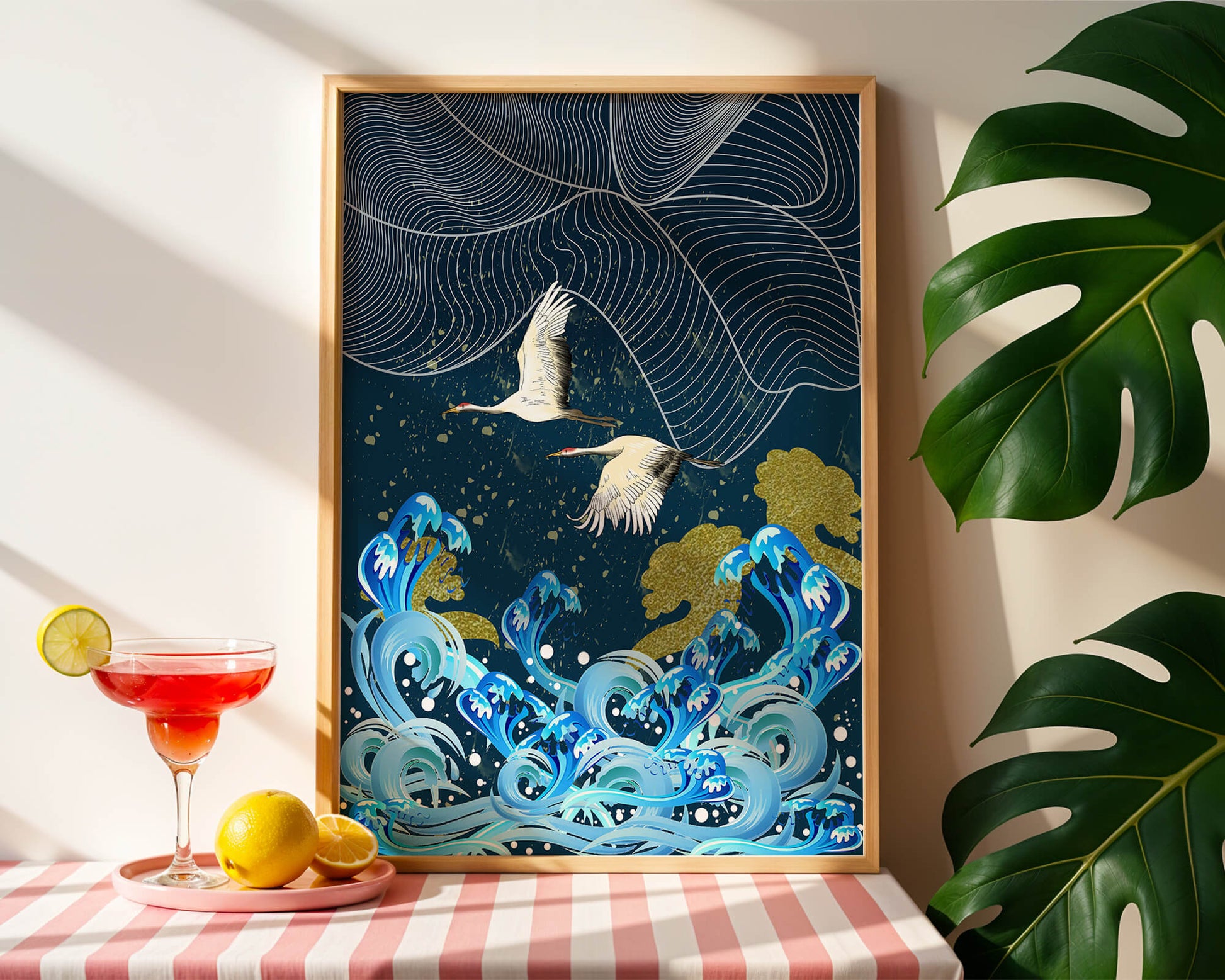 Elegant Cranes Flying Over Golden Waves and Artistic Ocean