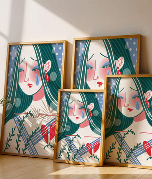 Ilustración de una mujer triste con el corazón roto