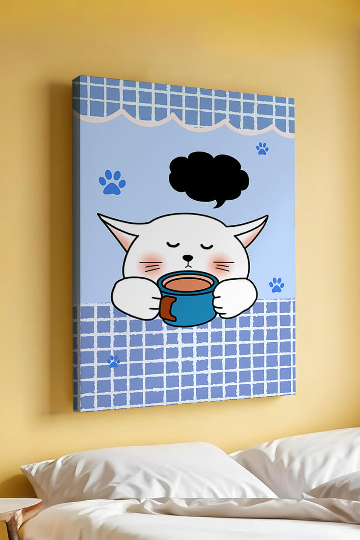 Cute cartoon cat with mug and speech bubble on blue background