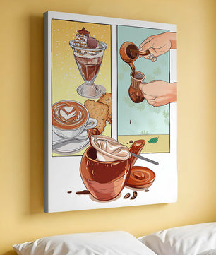 Ilustración artística de café y postre con detalles dorados