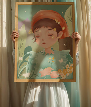 Ilustración serena de una chica en la naturaleza con flores y mariposas