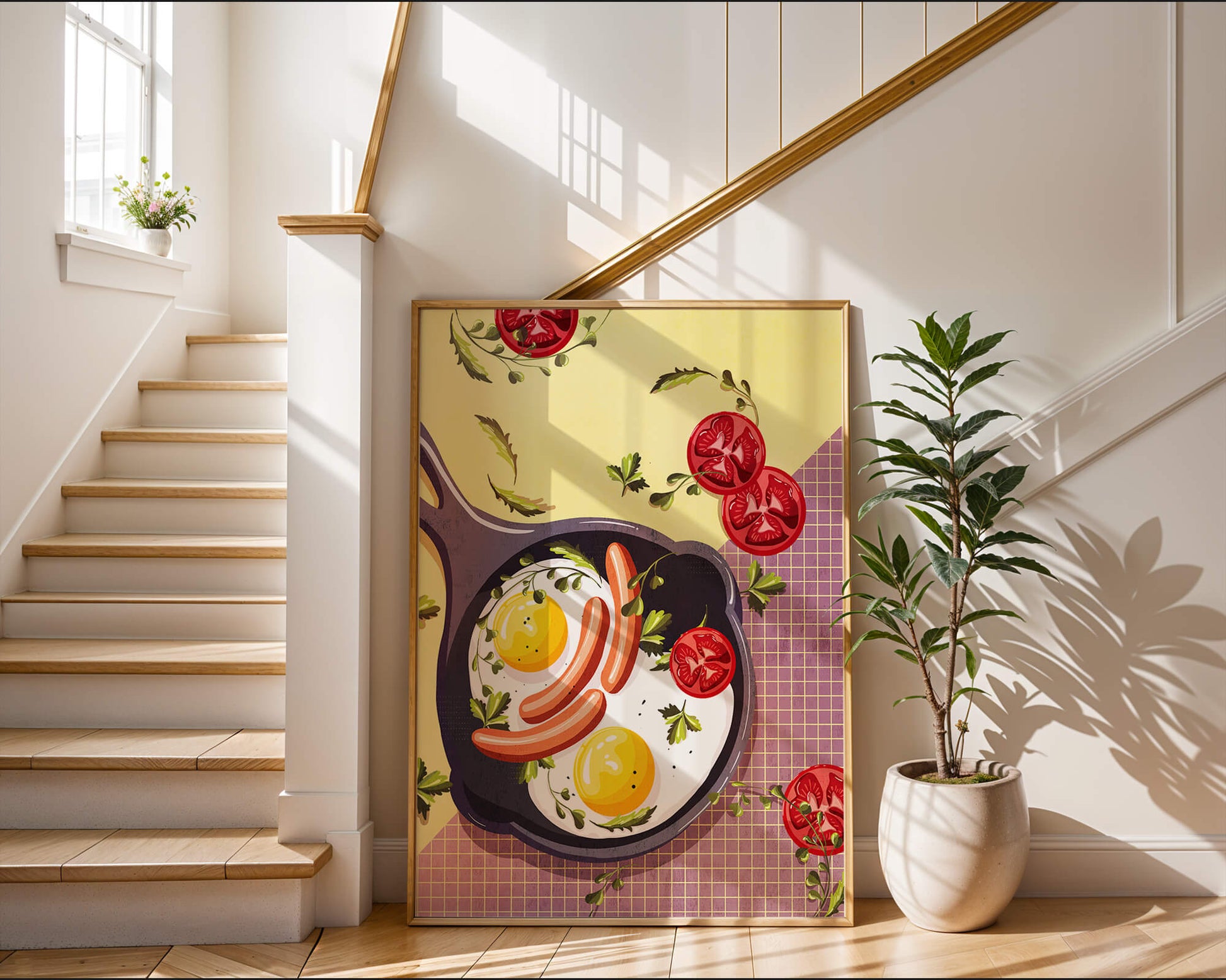 Fried Eggs and Sausages in Pan with Tomatoes and Herbs on Colorful Background