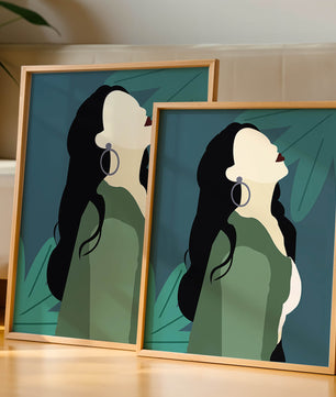 Stylized artwork of a woman with dark hair and earrings against a tropical leaf backdrop