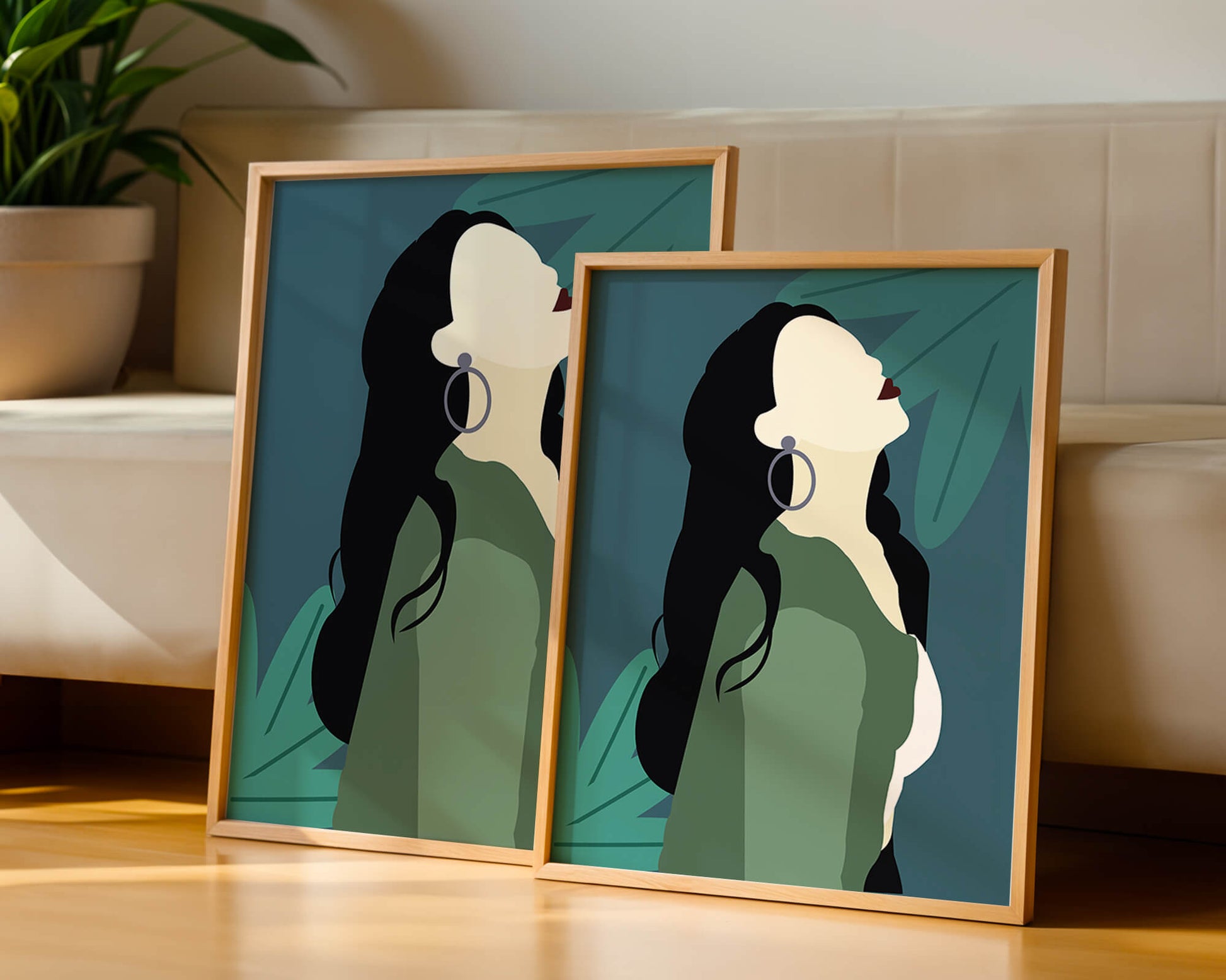 Stylized artwork of a woman with dark hair and earrings against a tropical leaf backdrop