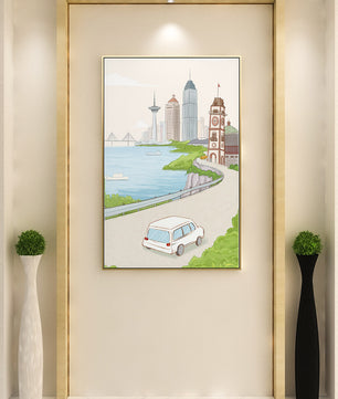 Scenic coastal cityscape with modern buildings and a classic clock tower