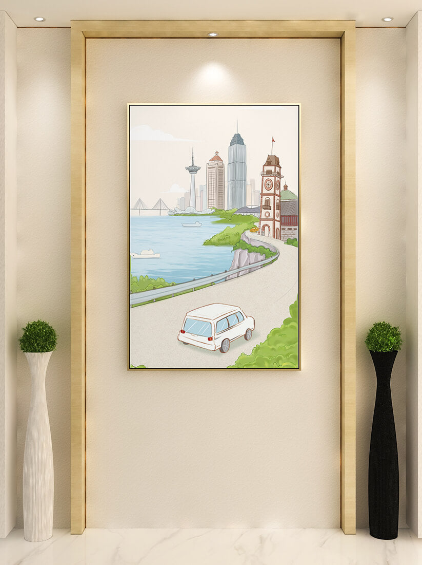 Scenic coastal cityscape with modern buildings and a classic clock tower