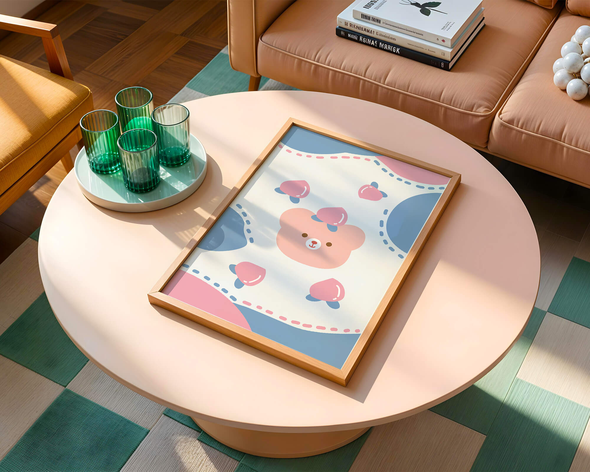 Adorable pastel bear with peaches and dotted background