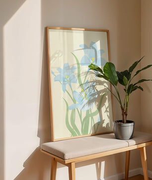 Ilustración elegante de flores azul claro con tallos verdes