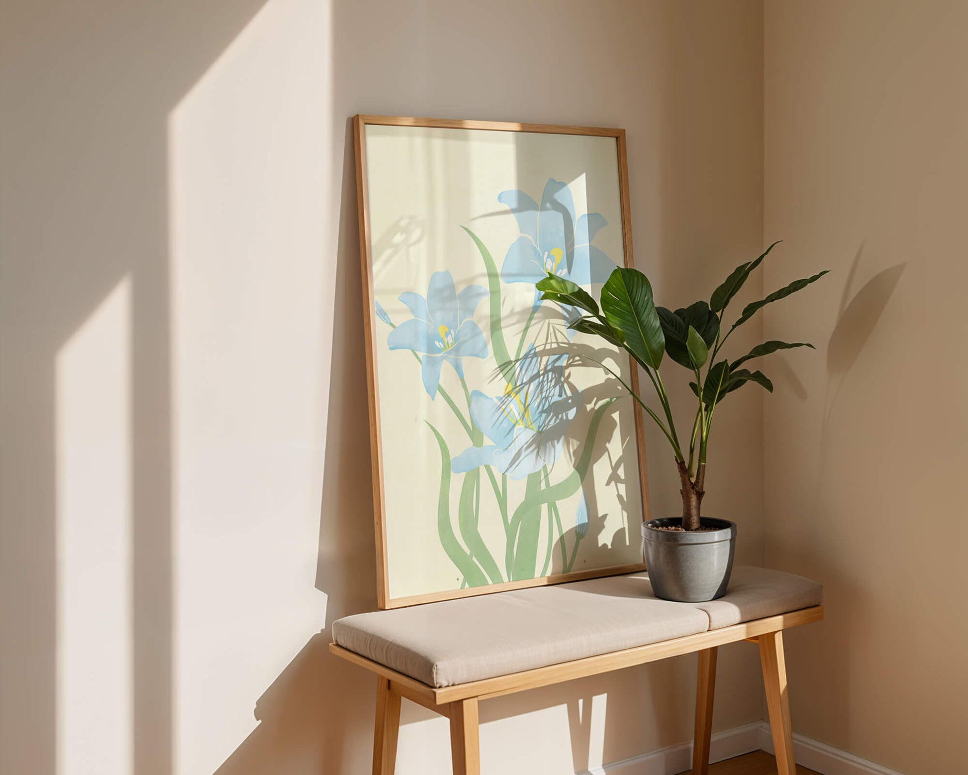 Ilustración elegante de flores azul claro con tallos verdes