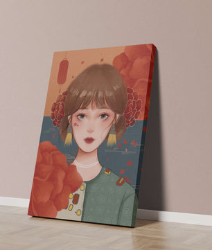 Digital art of a girl with floral and lantern elements