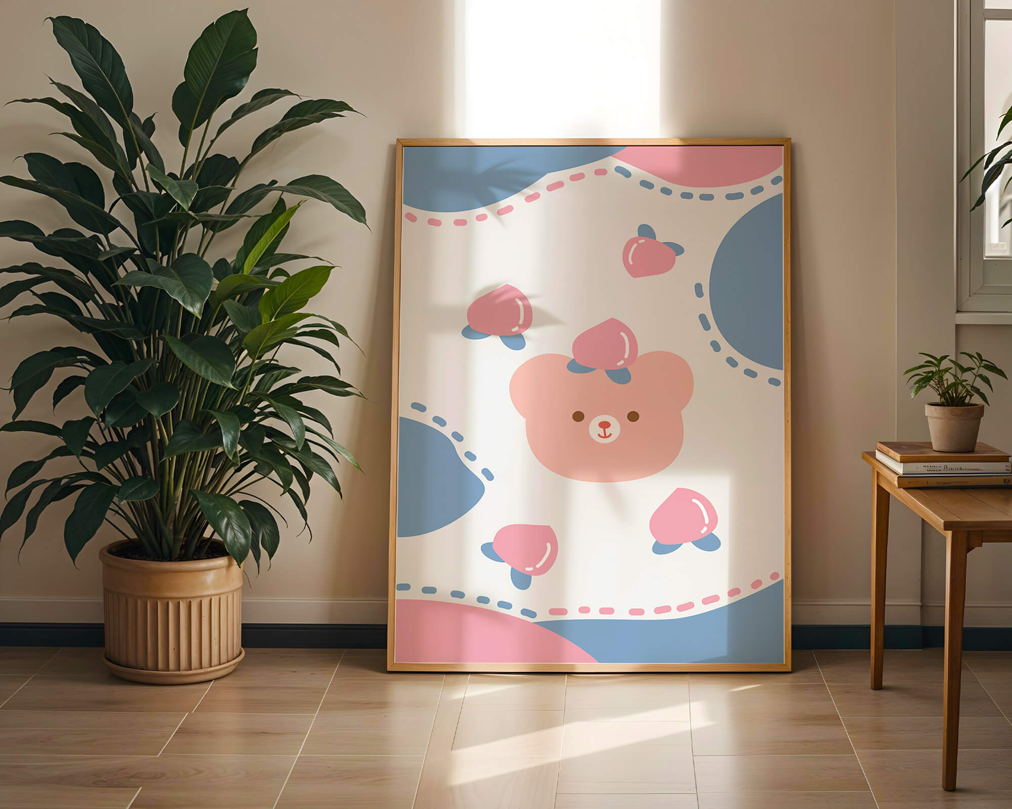 Adorable pastel bear with peaches and dotted background
