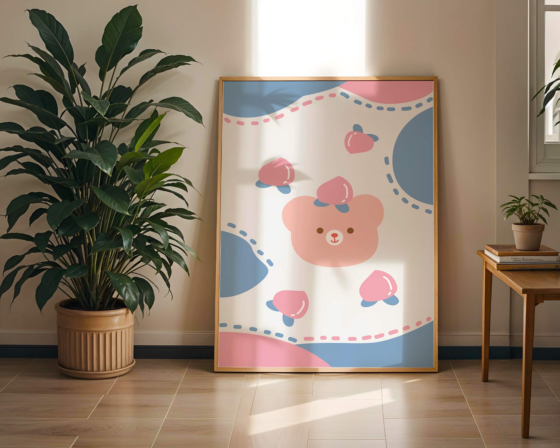 Adorable pastel bear with peaches and dotted background