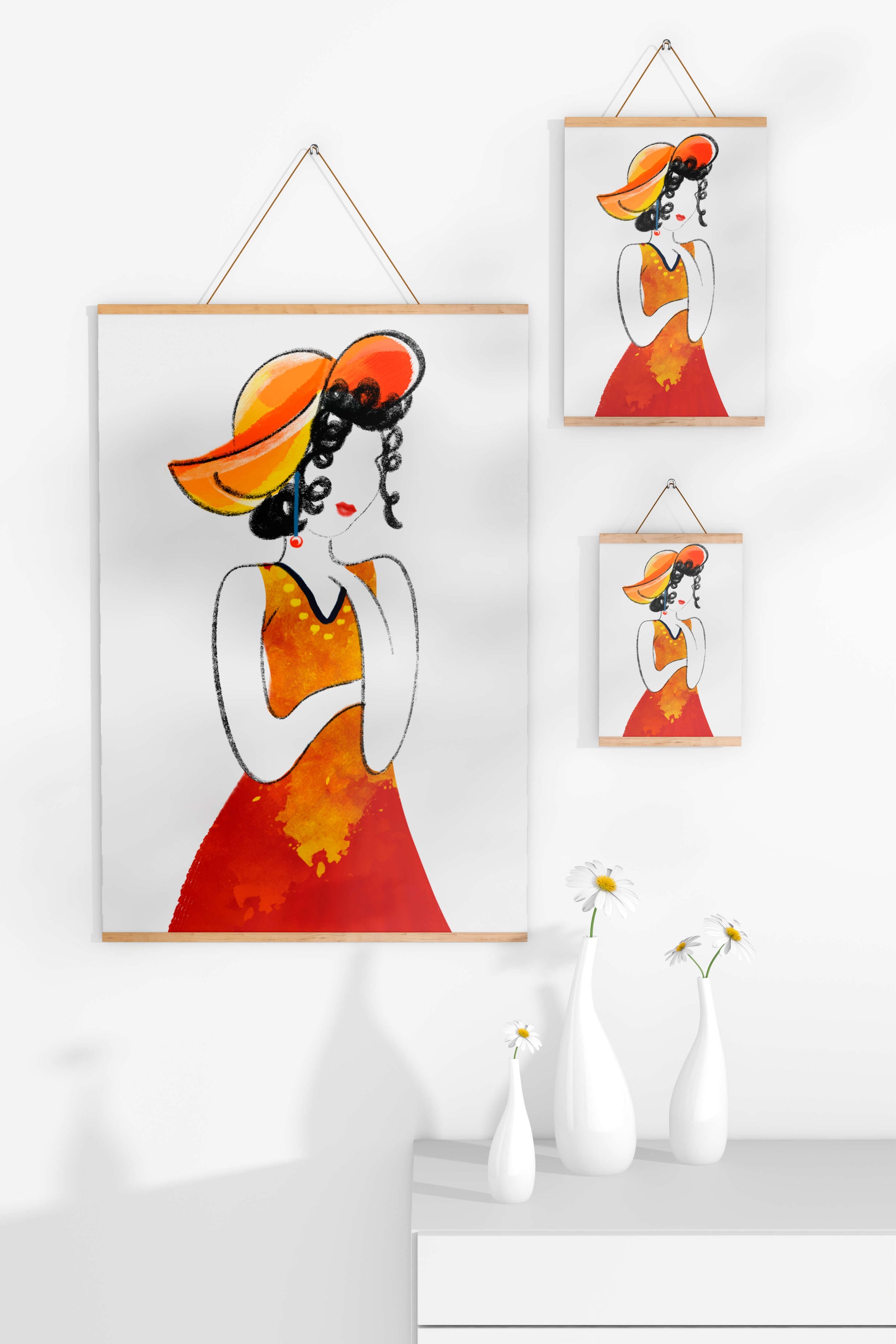 Elegant woman in a vibrant hat and dress illustration