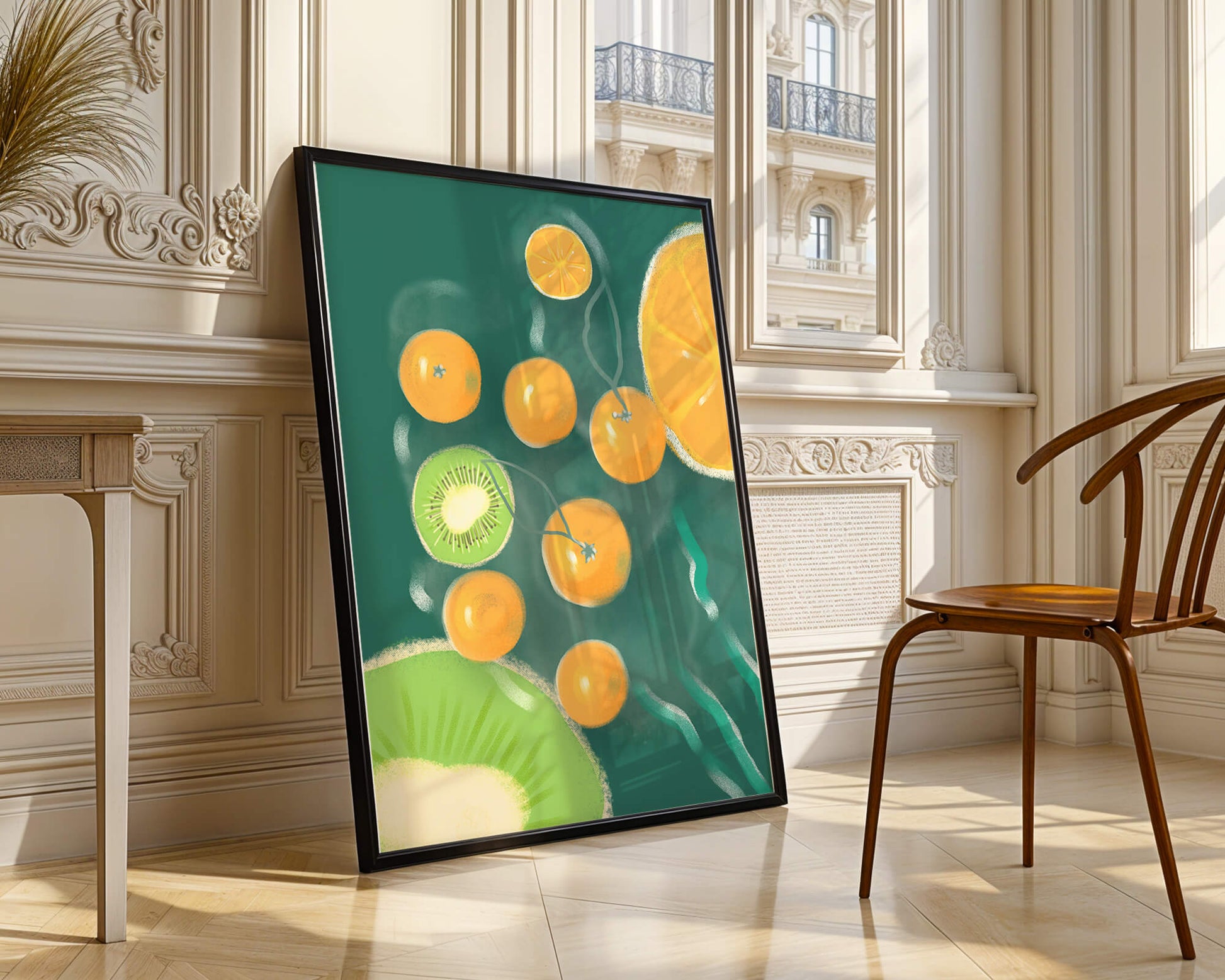 Vibrant kiwi and orange fruit pattern illustration