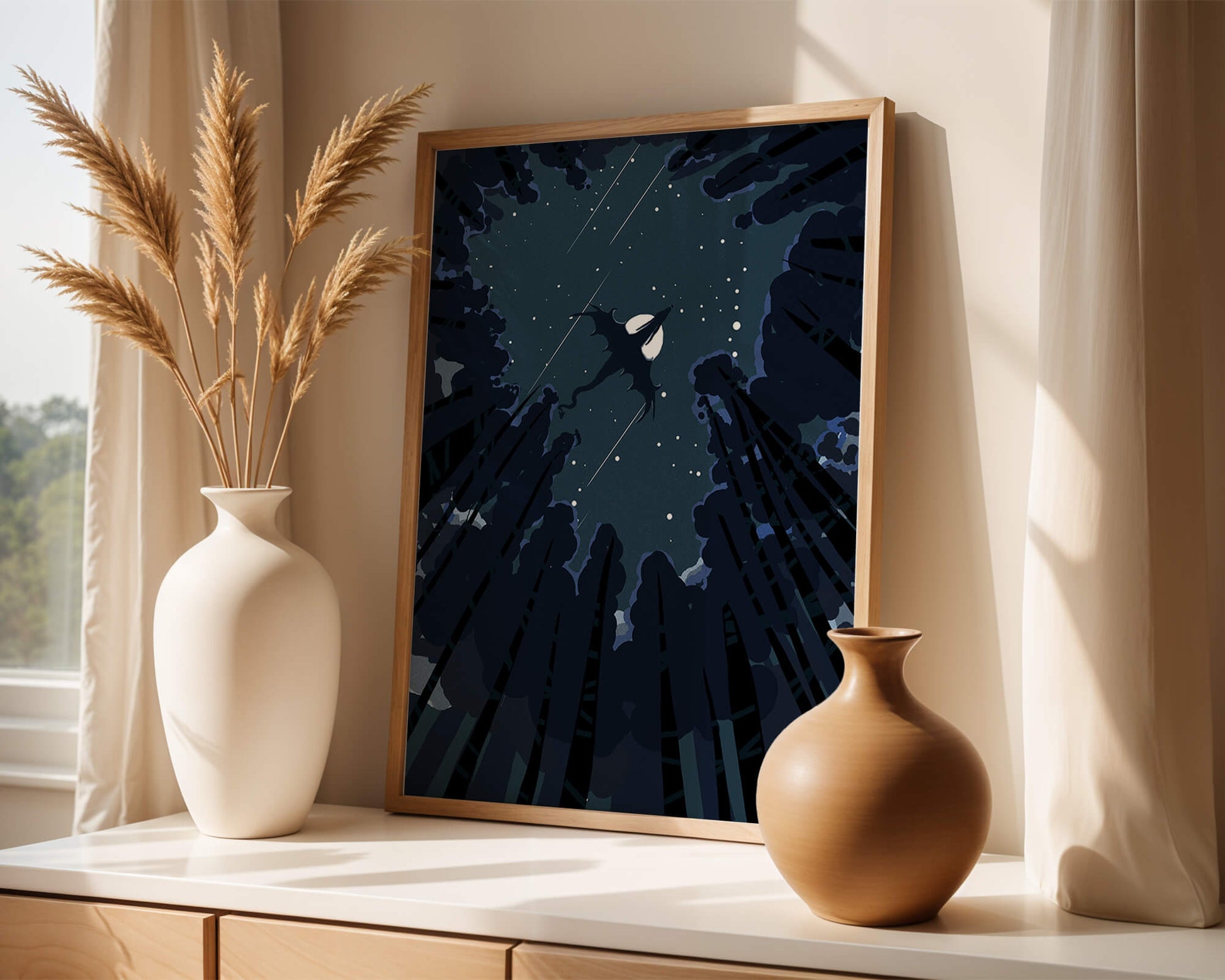 Dragon flying through starry night sky above dark forest