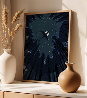 Dragon flying through starry night sky above dark forest