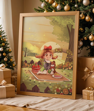 Whimsical picnic scene with a young girl and teddy bear under sunset in vibrant meadow