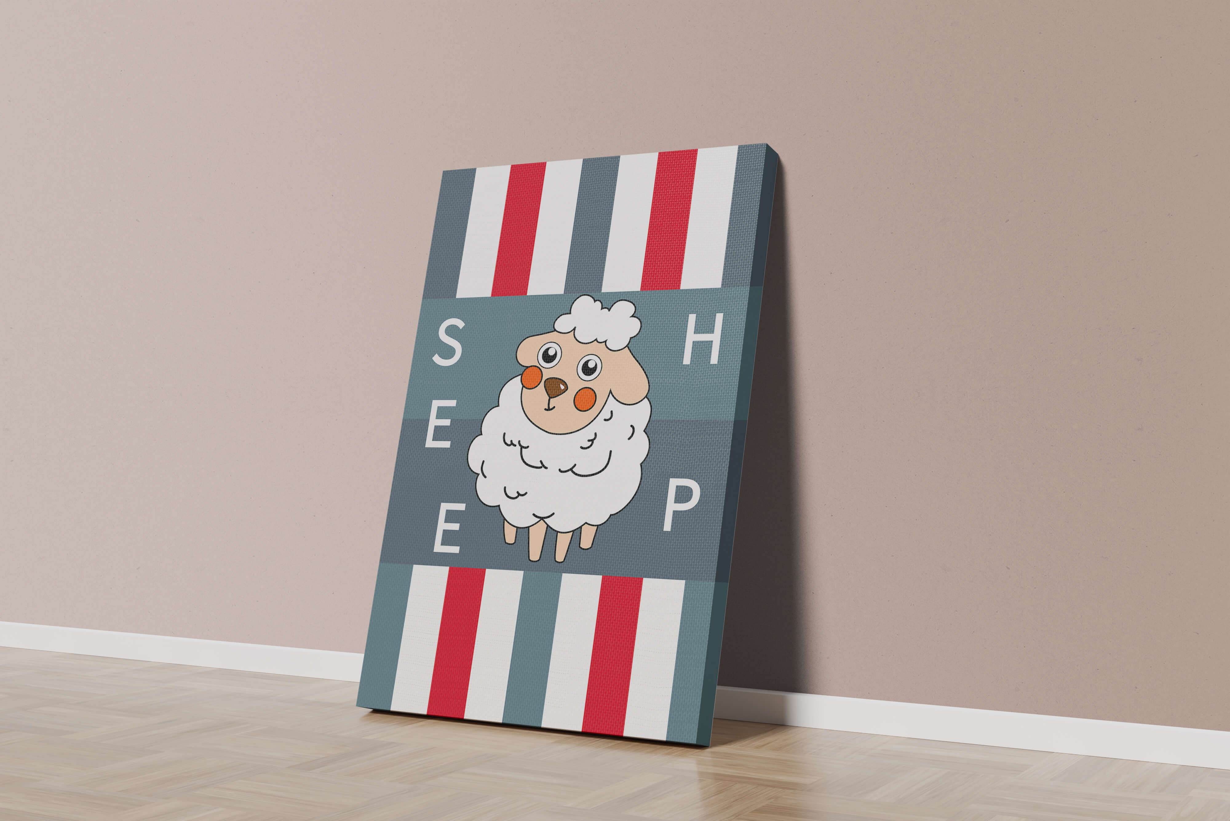 Playful sheep illustration on striped background