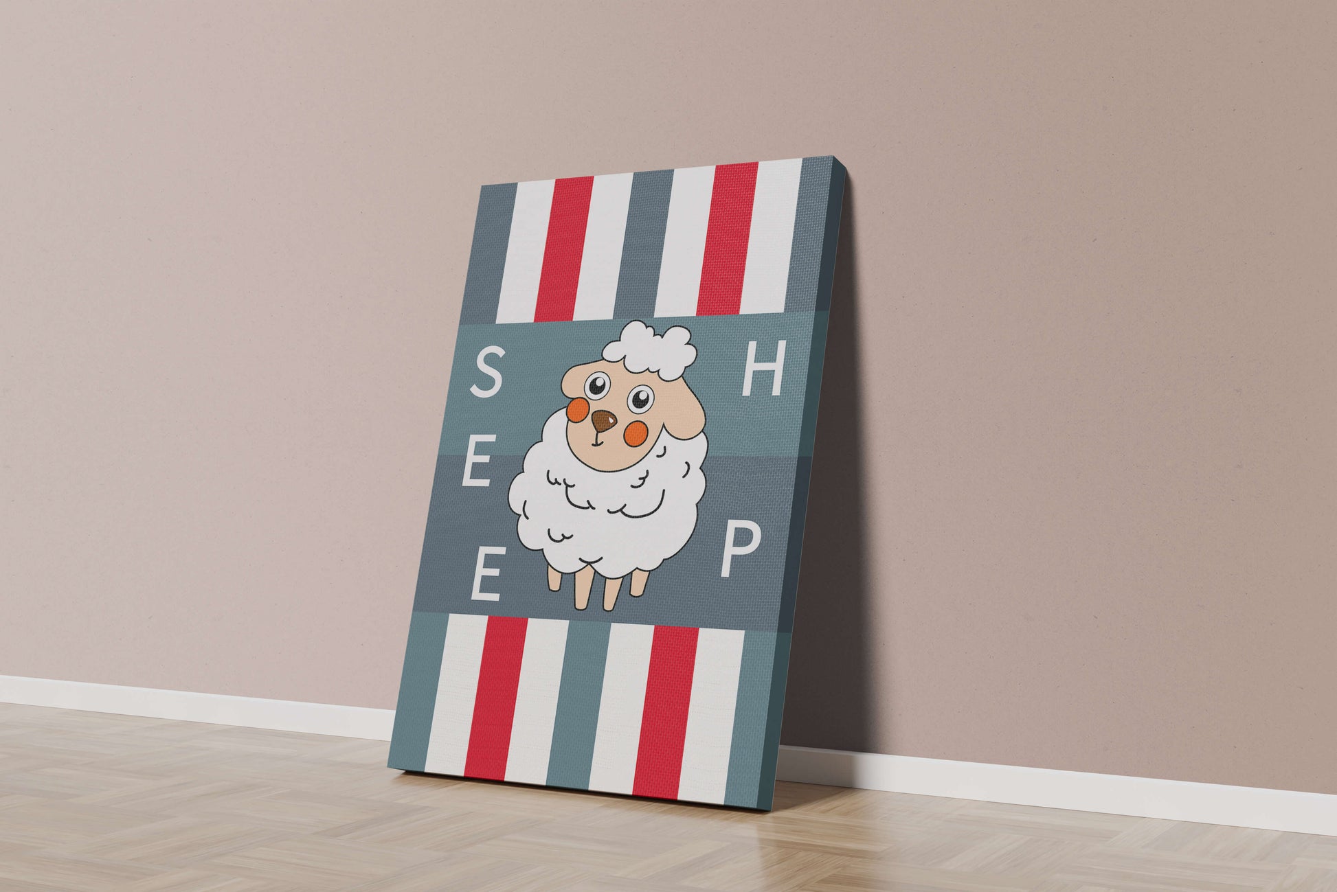Playful sheep illustration on striped background