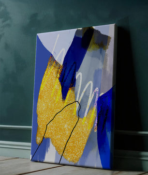 Pintura abstracta azul y amarilla con detalles dorados