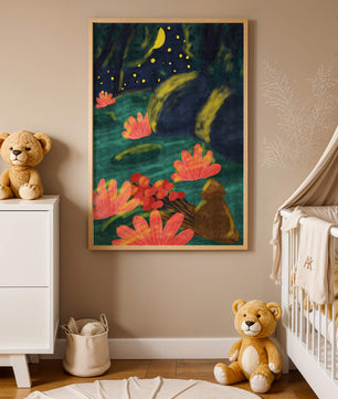 Mystical night garden with bright flowers and starlit sky