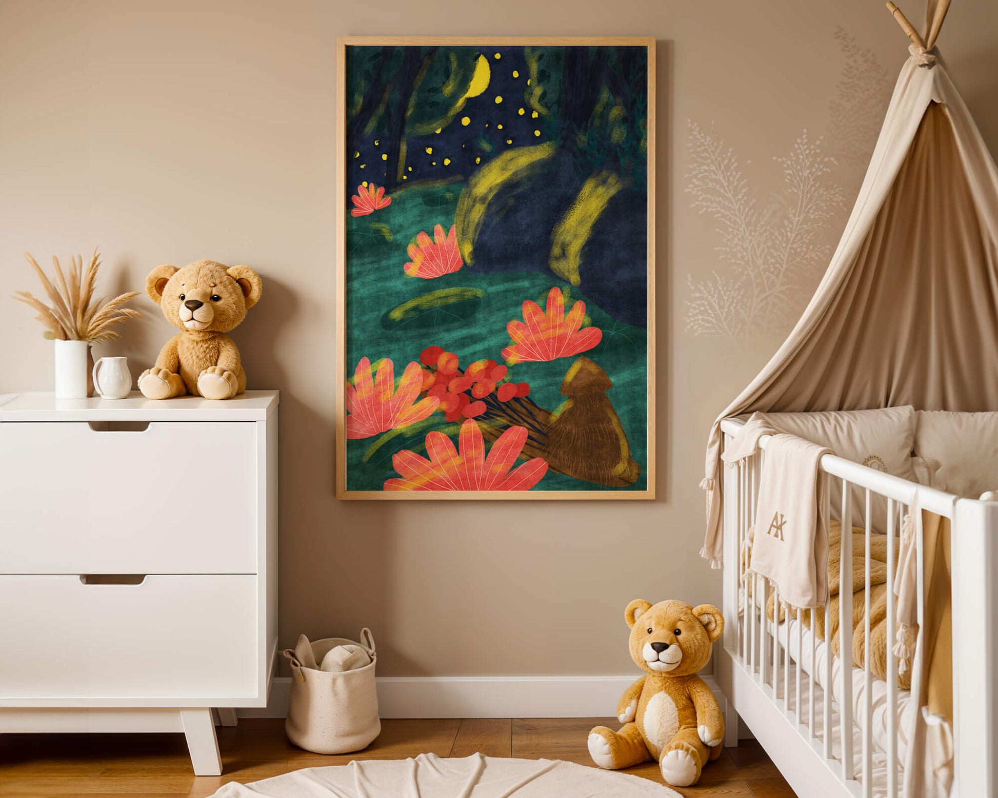 Mystical night garden with bright flowers and starlit sky