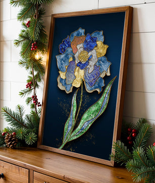 Diseño floral texturizado y colorido con contornos dorados sobre fondo oscuro