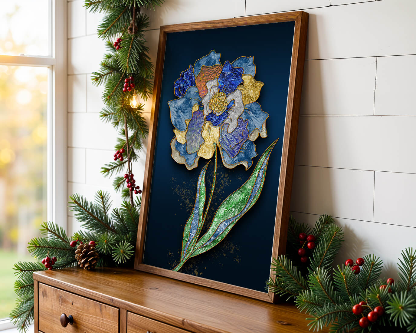 Diseño floral texturizado y colorido con contornos dorados sobre fondo oscuro