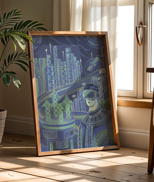 Futuristisches Stadtbild mit Virtual Reality und Technologieelementen