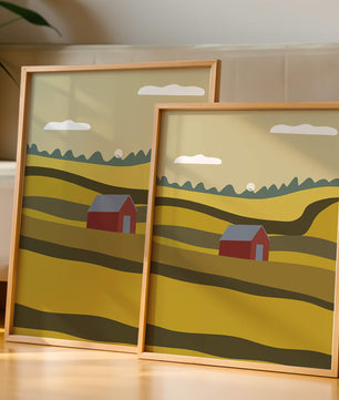 Landscape With Red Barn Amidst Rolling Hills Under Blue Sky