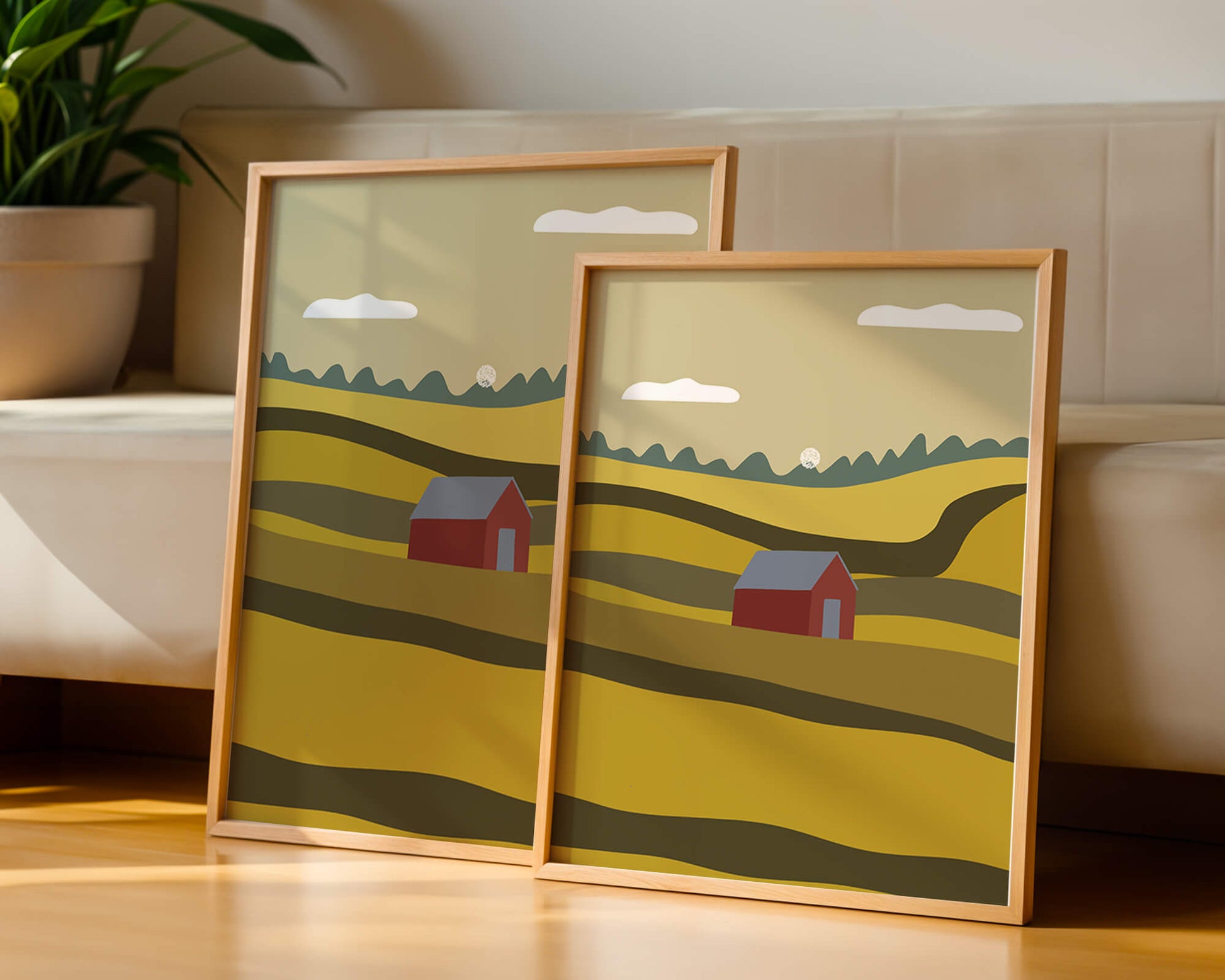 Paisaje con granero rojo entre colinas onduladas bajo un cielo azul