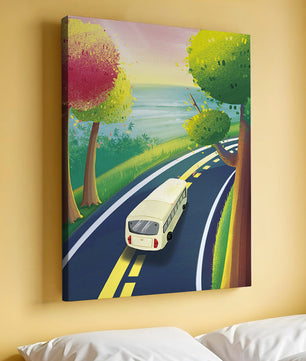 Scenic Road Trip with Vibrant Trees and Sunset