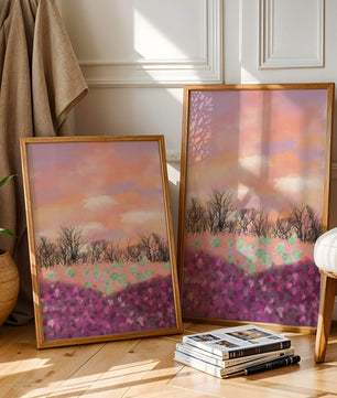 Paisaje sereno con campo floral vibrante y cielo pastel