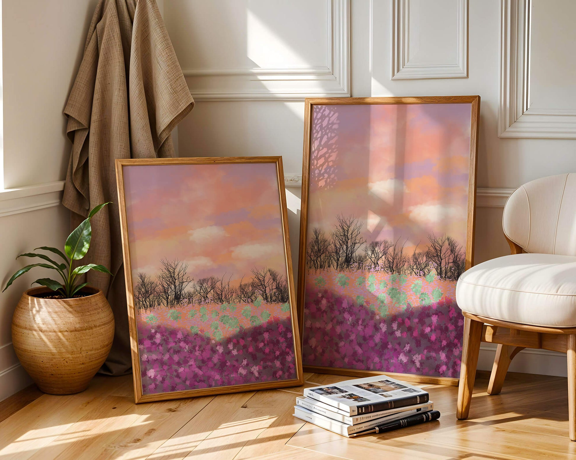 Paisaje sereno con campo floral vibrante y cielo pastel