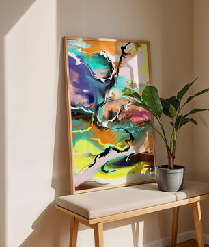 Pintura abstracta colorida con líneas vibrantes y dinámicas